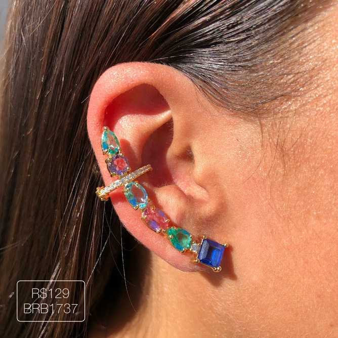 Ear Cuff Luxo Longo 2023 Rainbow Dourado